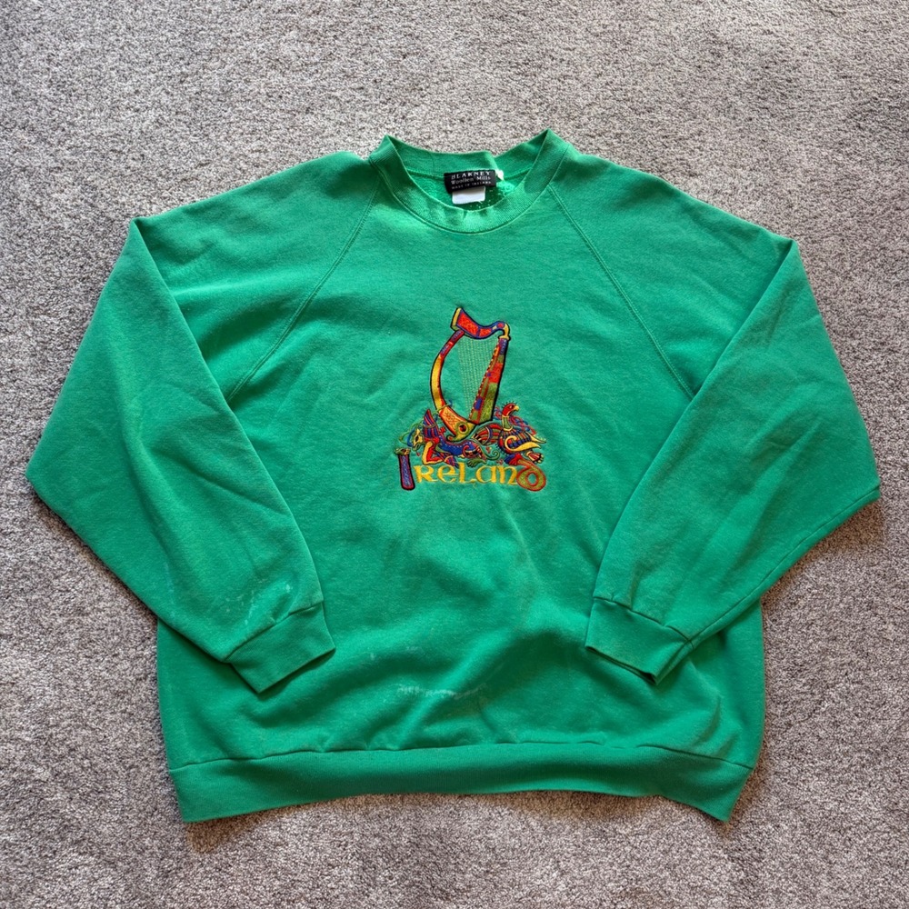 Vintage Blarney Woollen Mills Ireland Green Embroidered Harp Sweatshirt XL